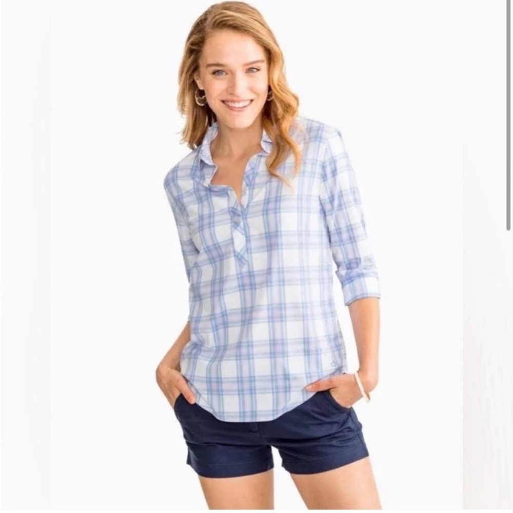 Southern Tide Lost Beach Plaid Purple Hadley Intercoastal Performance Popover